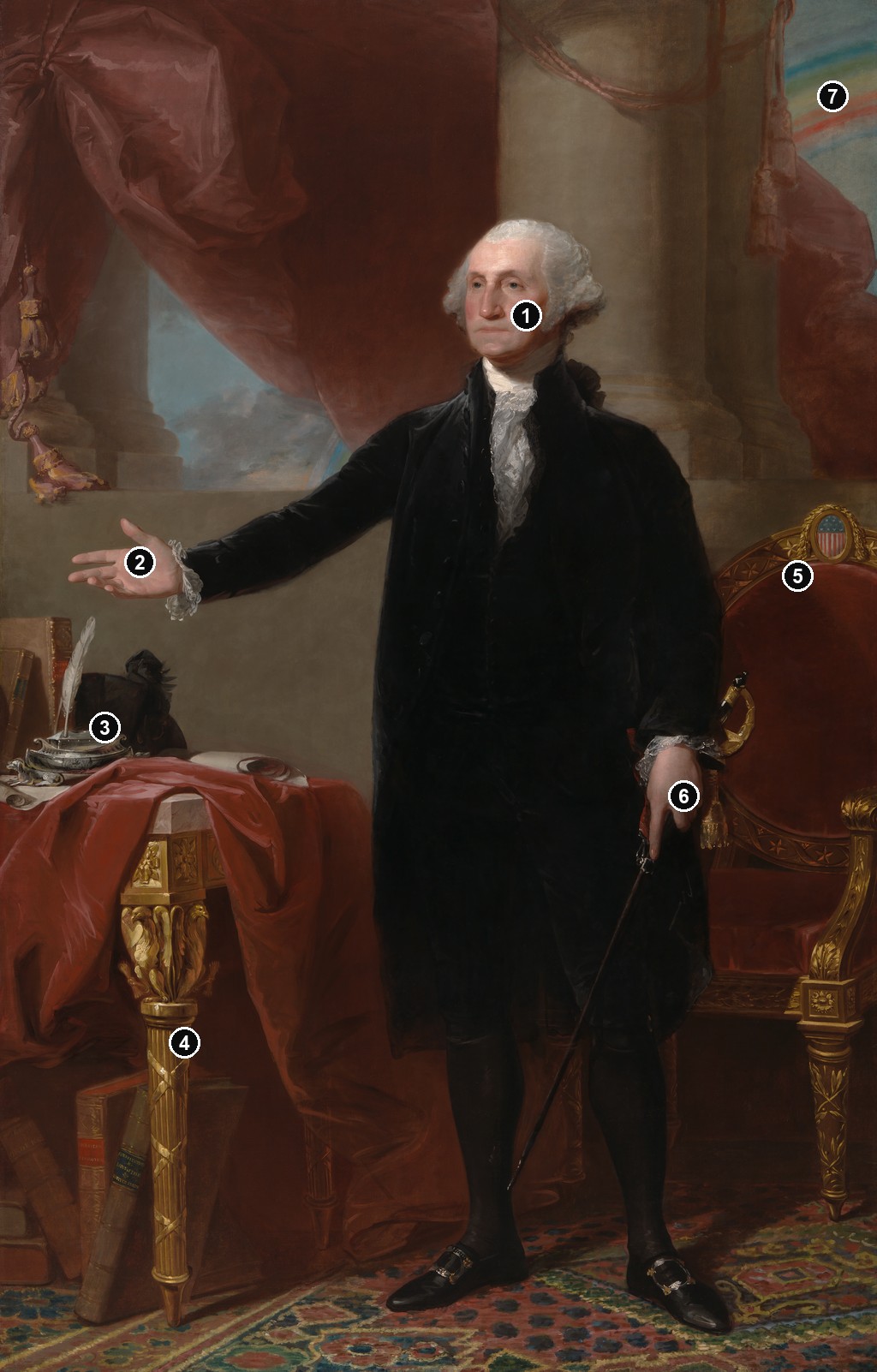 Annotated details from The Lansdowne Portrait of George Washington by Gilbert Stuart